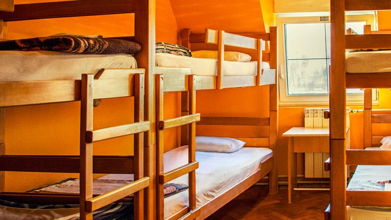 A hostel room with bunk beds showing one of many temporary accommodation options
